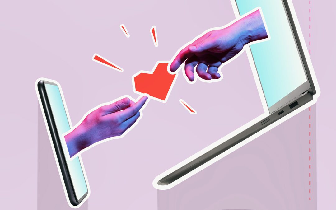 Two cartoonized hands reach out of the face of a cell phone to touch a heart together