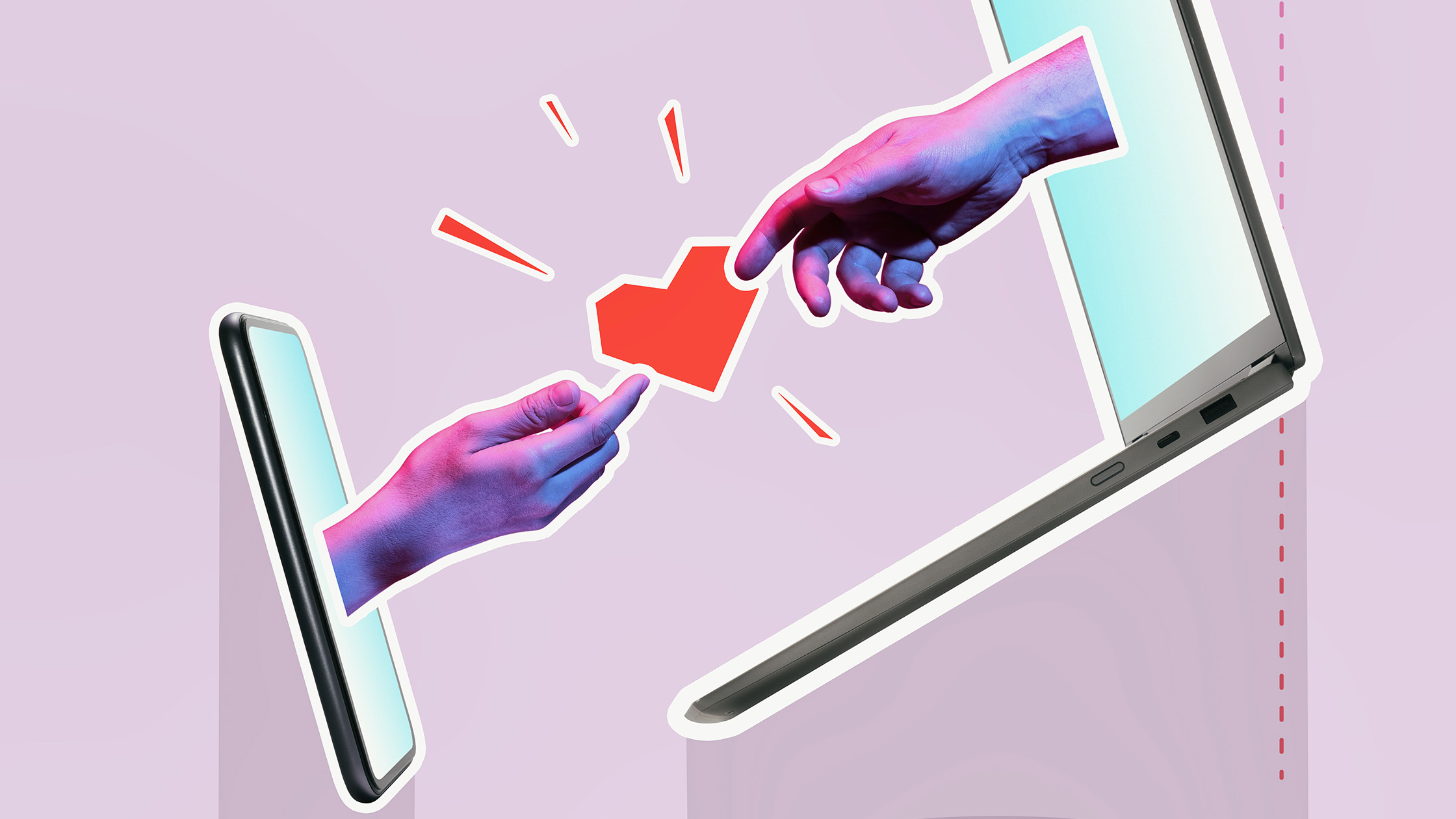 Two cartoonized hands reach out of the face of a cell phone to touch a heart together